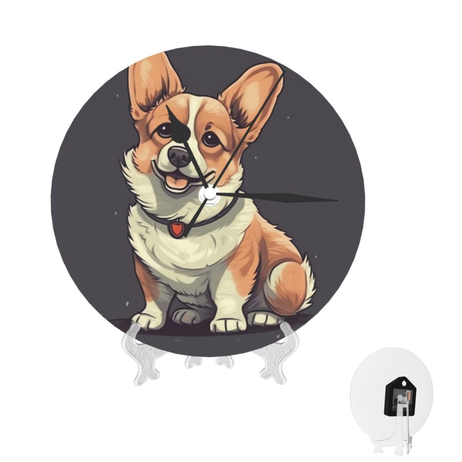 Horloge murale ronde décorative et silencieuse pour salon avec illustration de corgi mignon