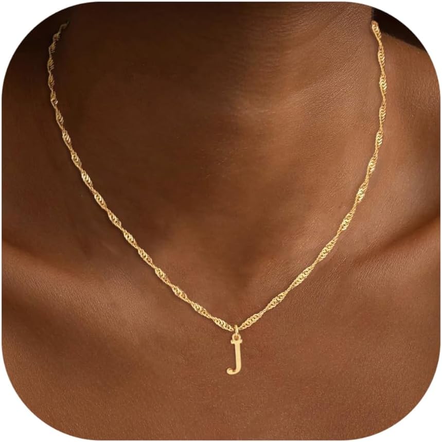 Initial Necklace for Women, Dainty 14K Gold Plated A–Z Letter Pendant, Water Wave Chain Name Necklace, Trendy Jewelry Valentines Day Gift for Her