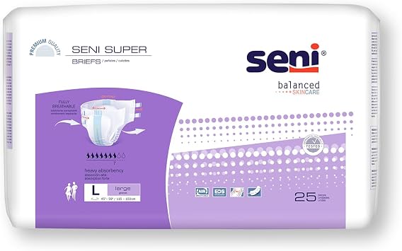 Seni Super Unisex Adult Incontinence Briefs with Tabs, 45-59 in, 25 ct | Breathable, Disposable Brief for Men & Women