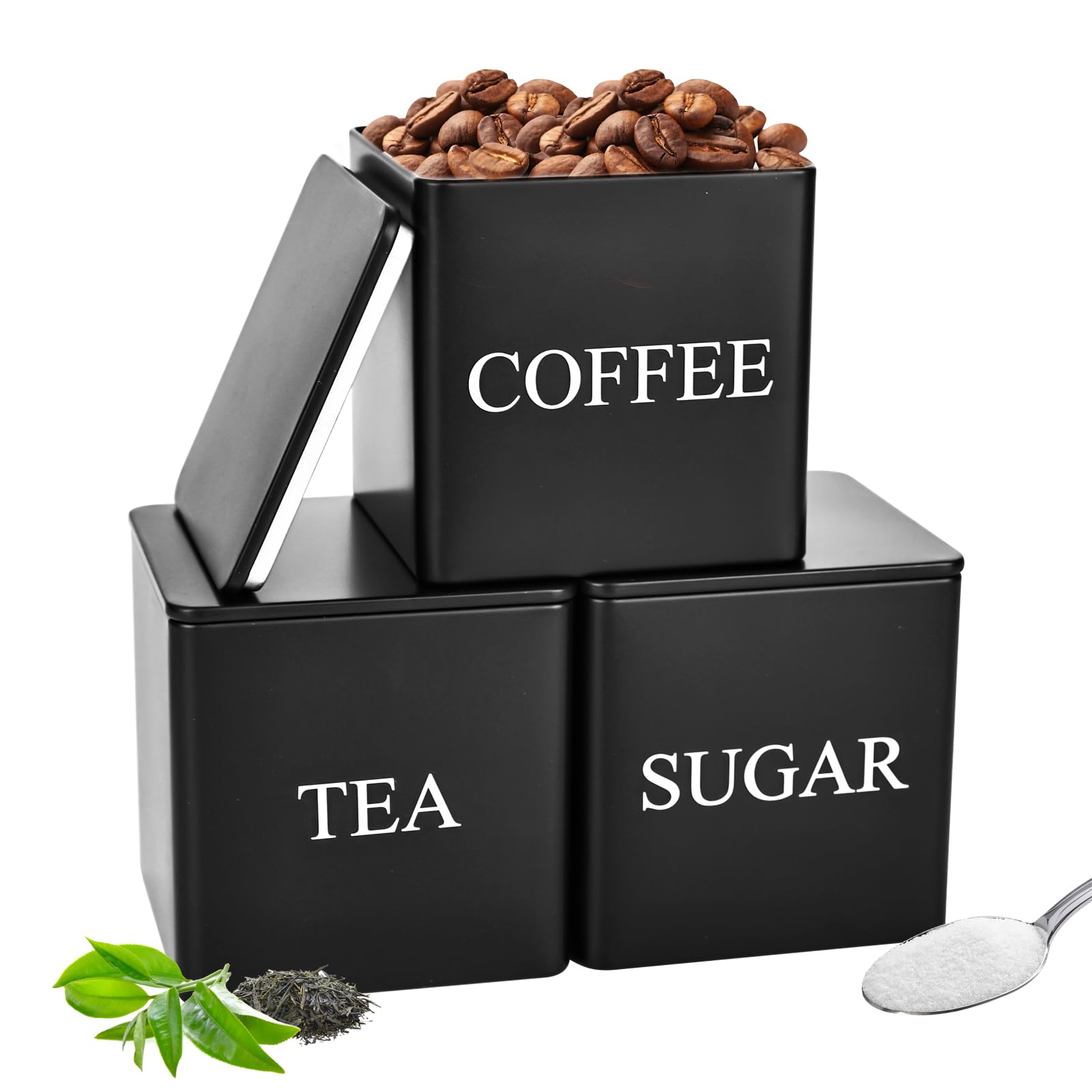 smtfcty Tea Coffee Sugar Canisters 500ML 3 Pack Storage Canister Set, Metal Canister Storages Jar Container Set With Airtight Lid, Decorative Storage Tins for Home Kitchen (Black)
