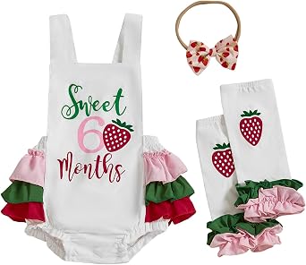 Baby Girl Half Birthday Outfit Doughnut Strawberry 6 months Romper Sleeveless Bodysuit +Leg Warmers Summer Clothes