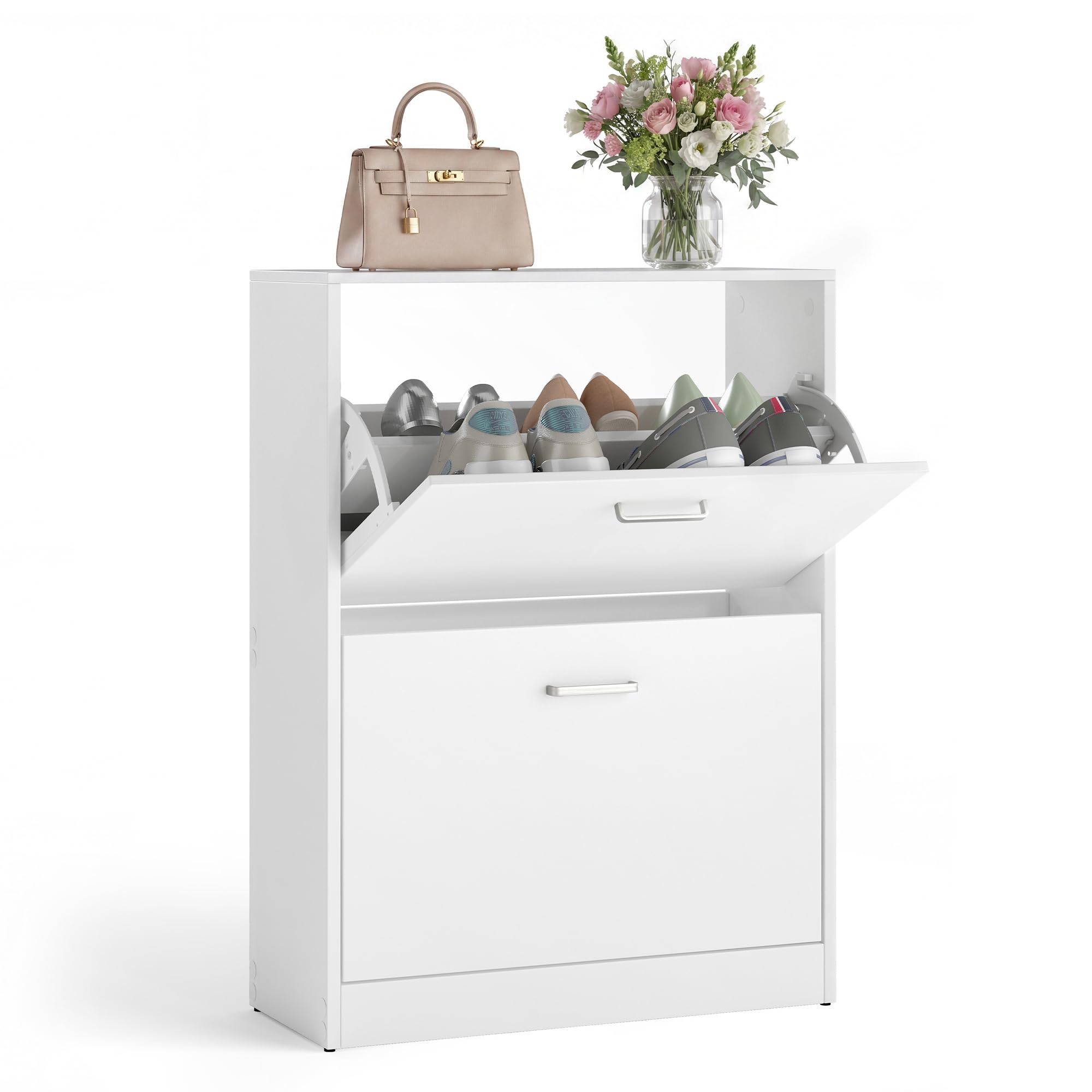 VASAGLE Shoe Storage Cabinet With 2 Flip Drawers, Slim Shoe Cupboard with Doors, 2-Tier Shoe Cabinet 60 x 24 x 83.5 cm, Space Saving Narrow Hallway Storage, Cloud White, Custos Collection LBC02WT
