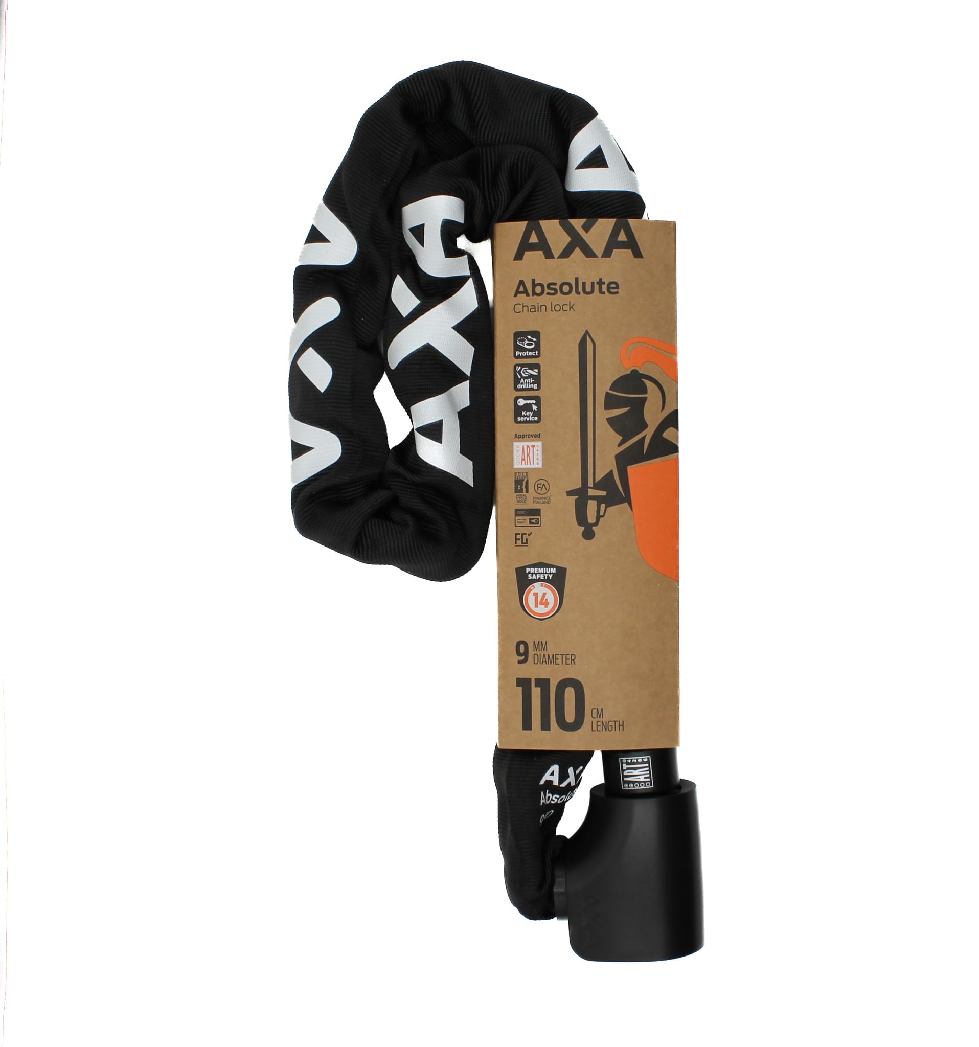 AXA Absolute 9-110 Kettenschloss, Länge 110 cm, Sicherheitsstufe 14, Stahlglieder 9 mm, Schwarze Schutzhülle, Schwarz