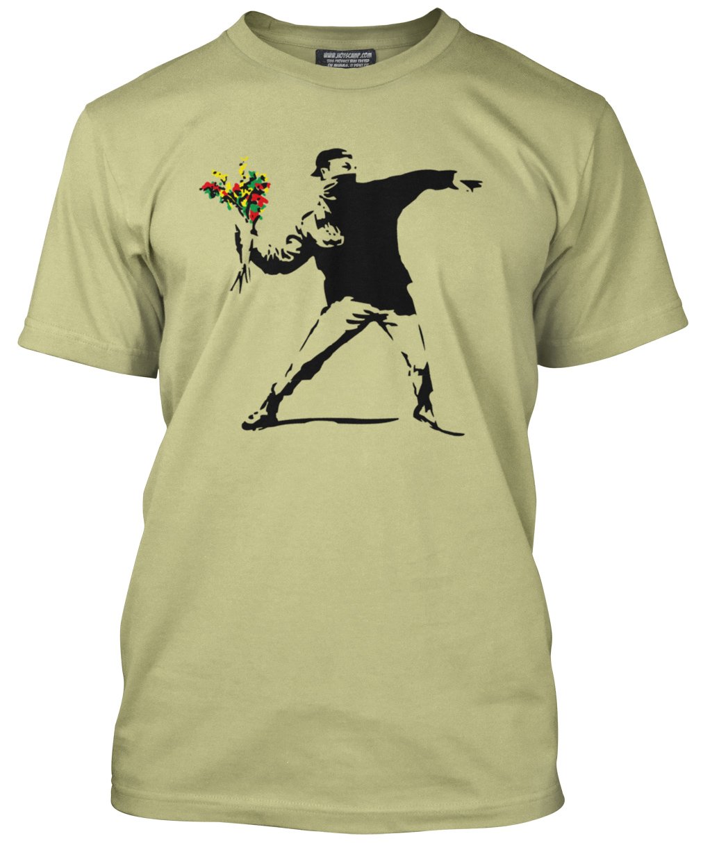 Hotscamp Unisex Camel Beige Love Is In The Air Flower Thrower Banksy Tshirt - Rage Flowers Street Art Graffiti Tee Liita Political - Mens T-Shirt - Xl
