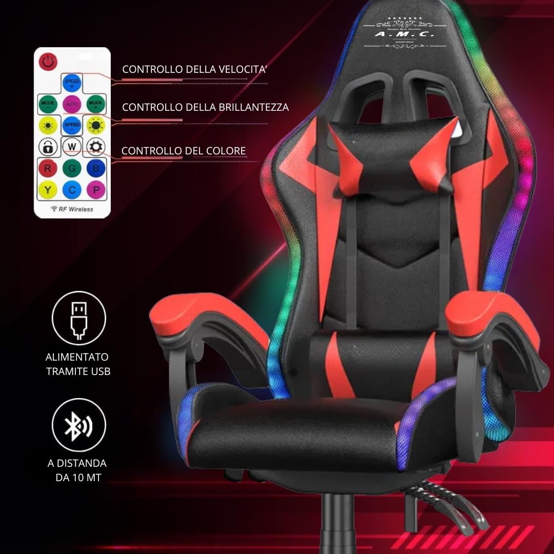 A.M.C. Sedia Gaming RGB con Luci LED E Sedia Ergonomica Poltrona Ufficio girevole, con rotelle, poggiatesta e cuscino lombare, Portata: 125kg con Schienale Alto in Pelle (ROSSO)