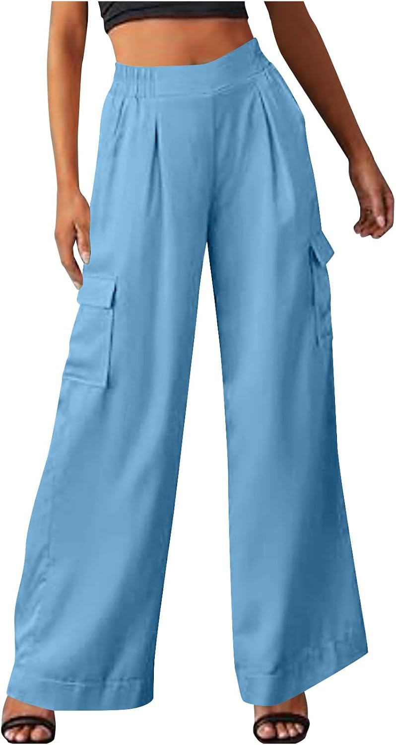 Wide Leg Cargo Pants for Women High Rise Elastic High Waist Long Pants Loose Fit Baggy Trousers with Pockets
