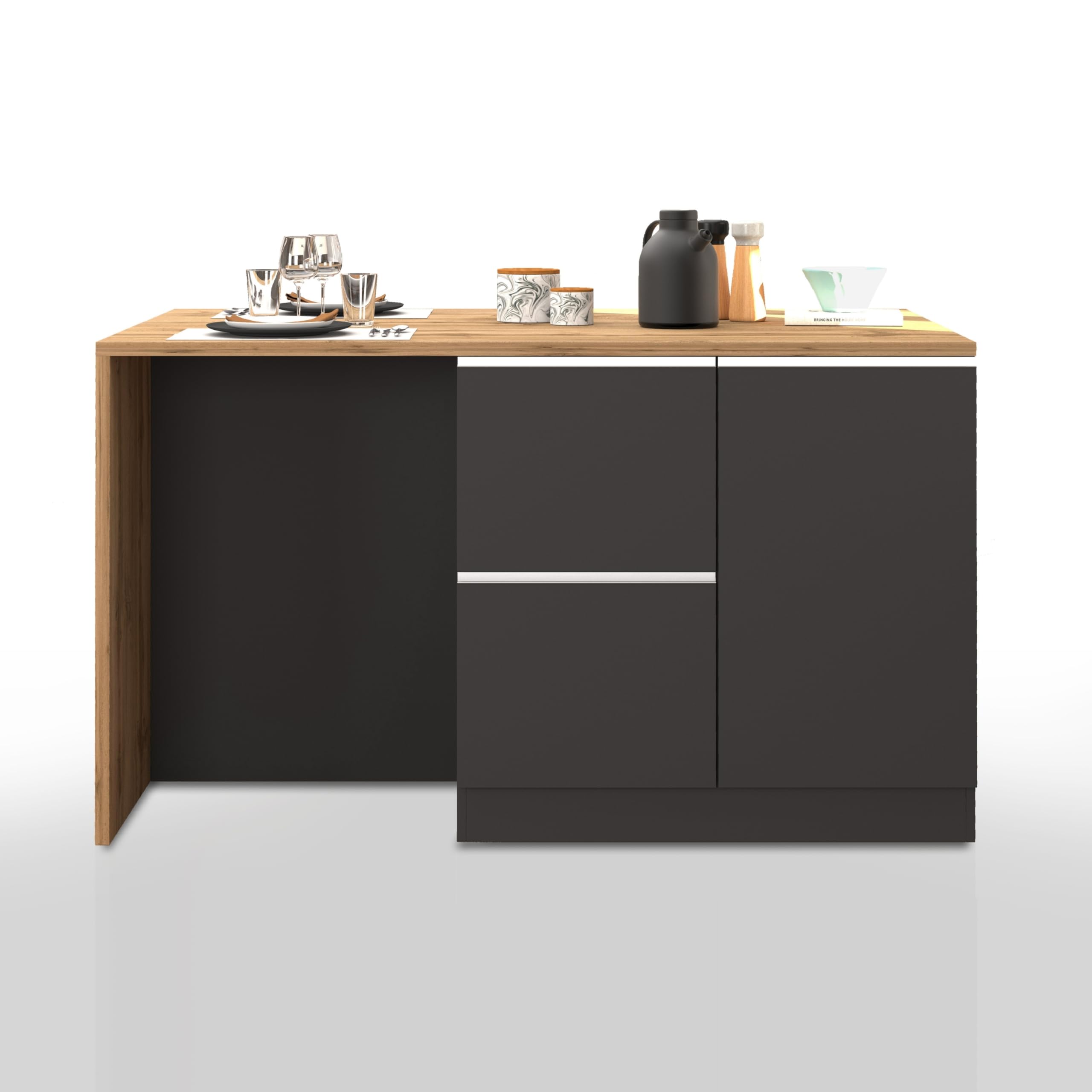 WHOUS Isola Cucina SOLE con 1 Anta, 2 Cassetti e 6 Vani, Tavolo da Pranzo e Piano di Lavoro, Ideale per Open Space e Spazi Ridotti, 152,5x90x90,60 cm, Antracite Opaco e Rovere