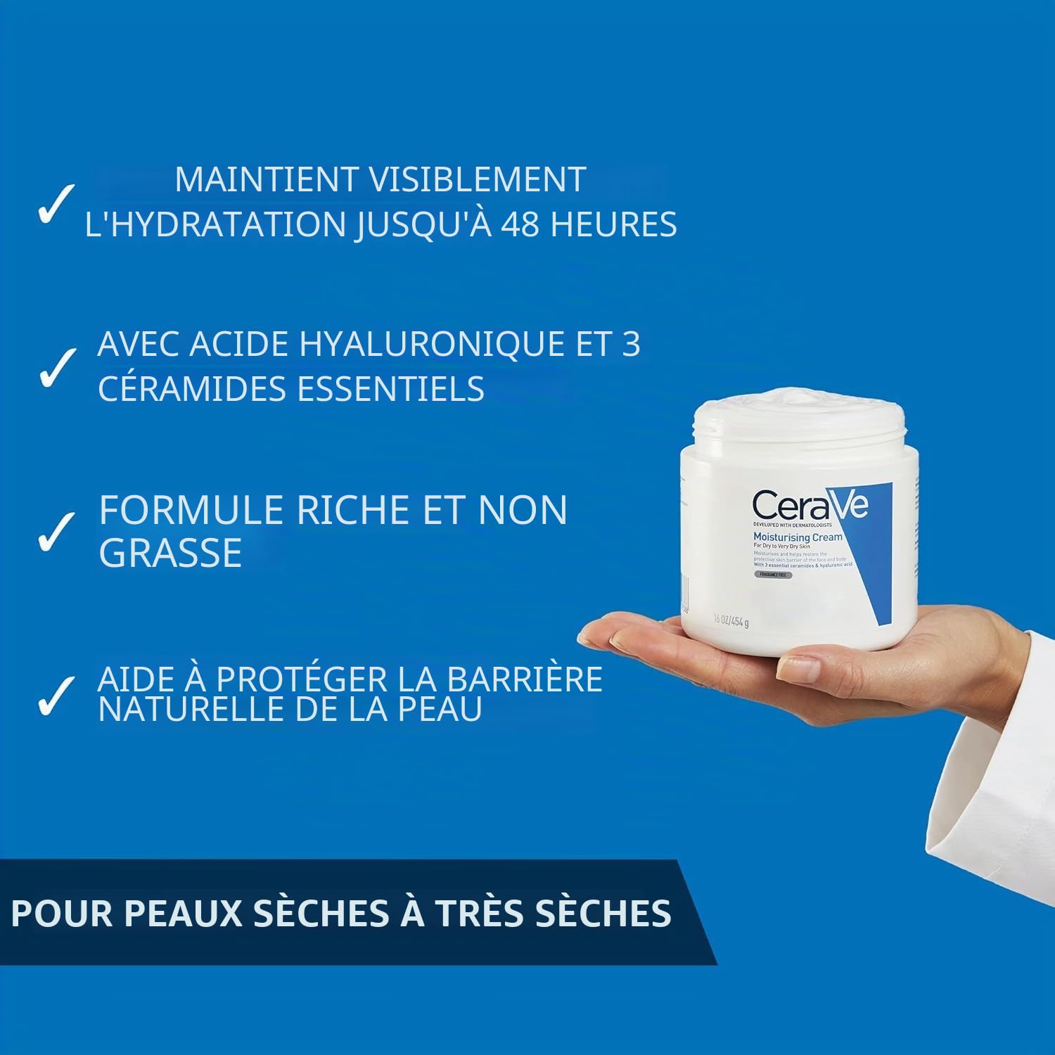 CeraVe Lot de 2 crèmes hydratantes – Avec acide hyaluronique et 3 céramides essentielles – Hydratation riche pour le visage et le corps secs à très secs, convient aux peaux sensibles 454 g x 2
