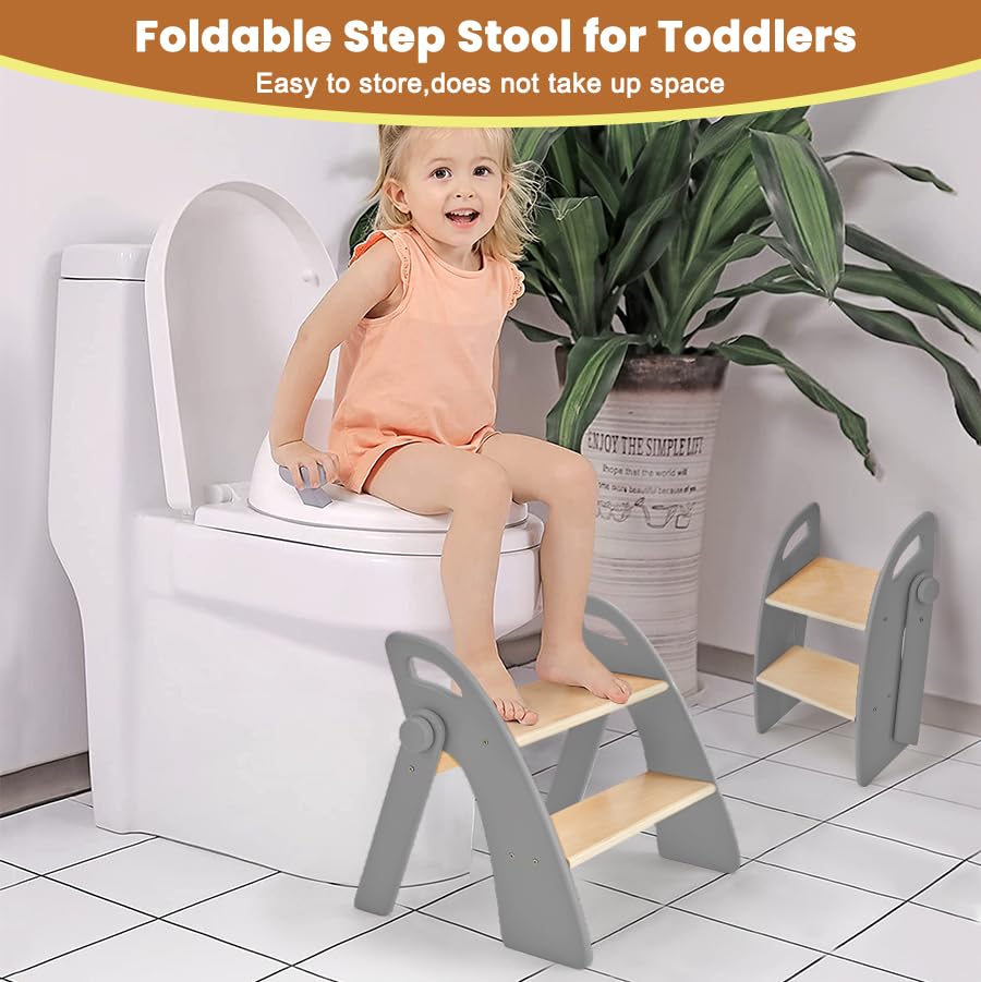 Wooden 2 Step Stool for Toddlers, Foldable 2-Step with Non-Slip Pads and Handles, Bamboo Step Stool for Kids Bathroom Sink and Potty Training, Kitchen Helper, Nursery Bedroom (Grizzly) thumbnail