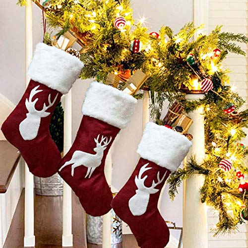 Christmas Stockings 4 Pcs 18 Inches Embroidered Linen Red Stockings Burlap Rustic Christmas Stocking Ornament For Family Holiday Xmas Party Decorations(Embroidered Elk And Reindeer) #TOP4