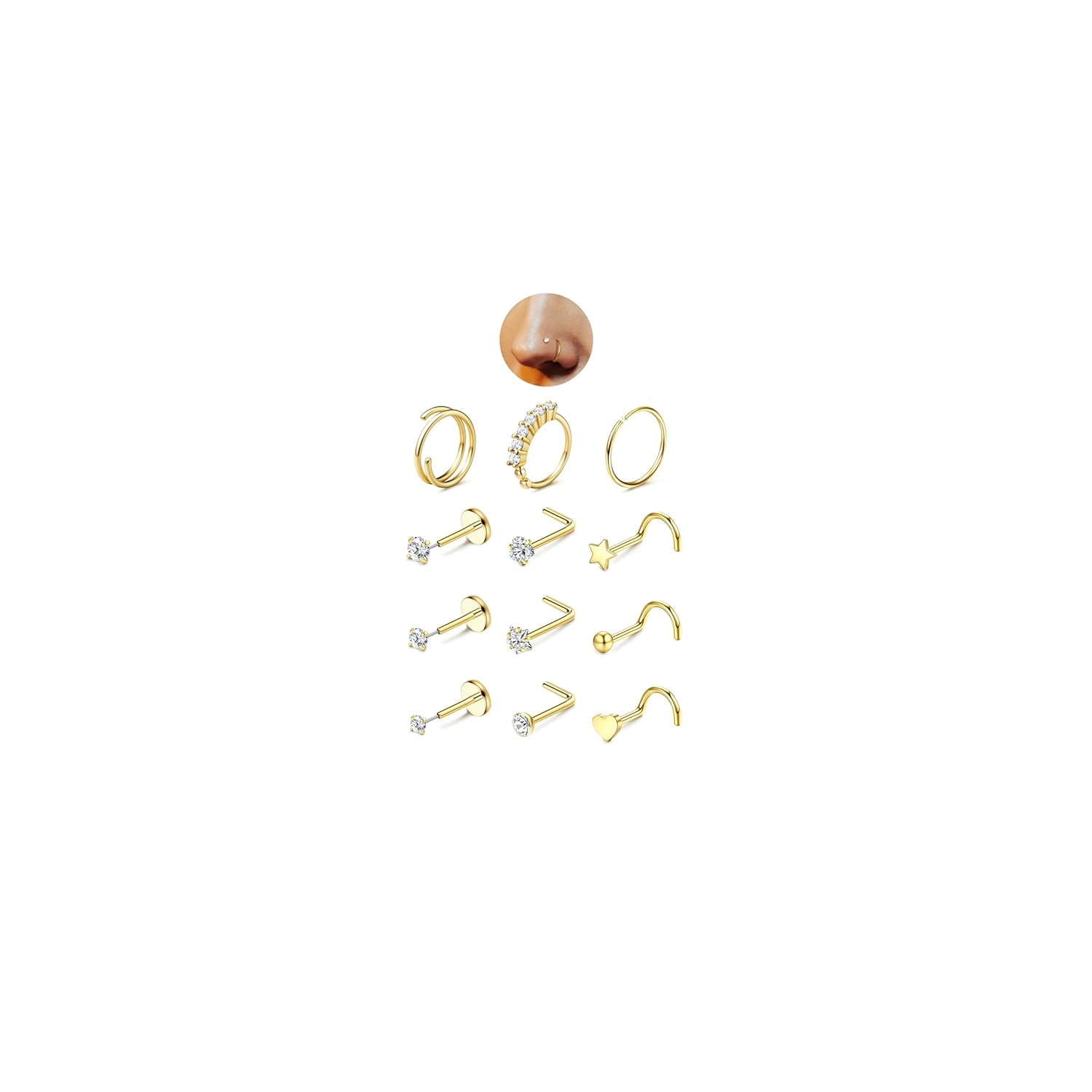 JeryWe Nose Rings for Women - 14K Gold Filled Hypoallergenic Surgical Steel Nose Ring Hoops CZ Lip Ring