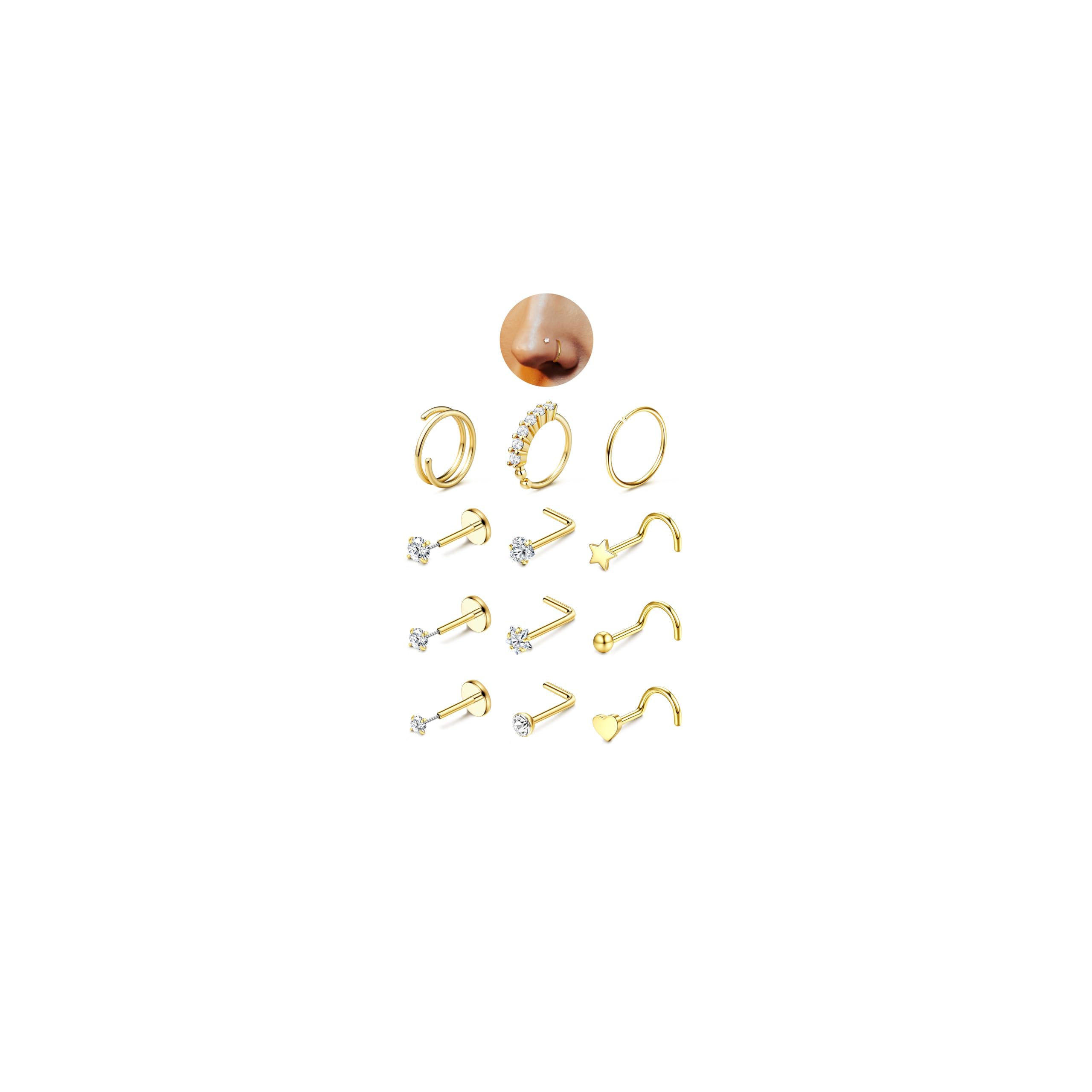 JeryWe Nose Rings for Women - 14K Gold Filled Hypoallergenic Surgical Steel Nose Ring Hoops CZ Lip Ring