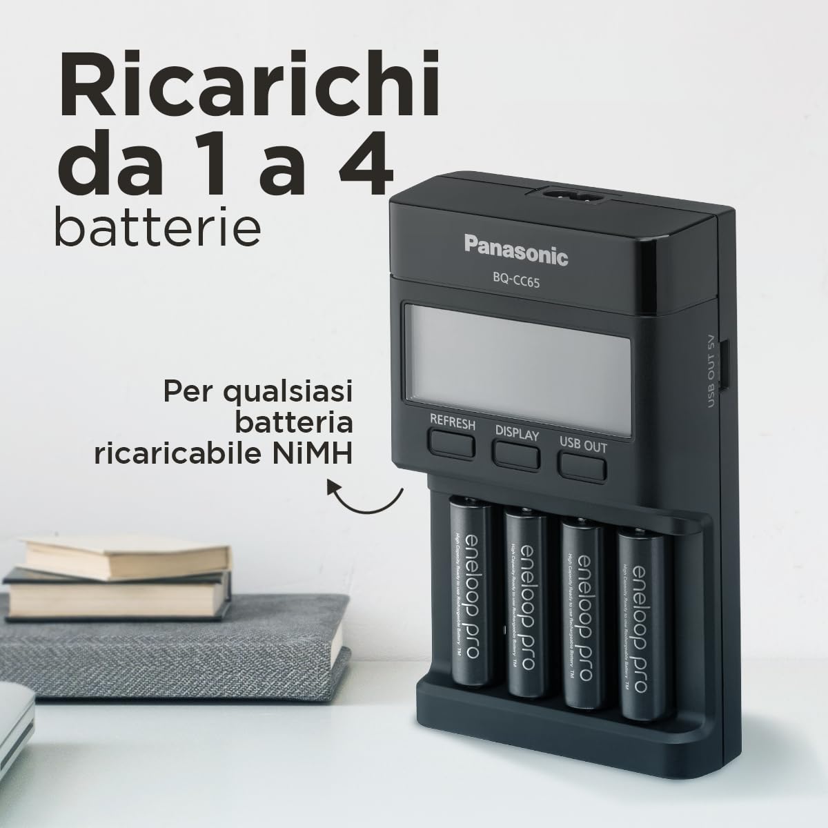 eneloop pro Caricabatterie PRO, per 1-4 batterie ricaricabili AA/AAA, 2 ore tempo di ricarica, 10 funzioni di sicurezza