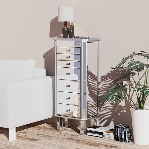 Miniatura 7 de Colilove Armario de joyería con espejo plateado con 7 cajones, 16 ganchos para collares, 2 puertas laterales oscilantes