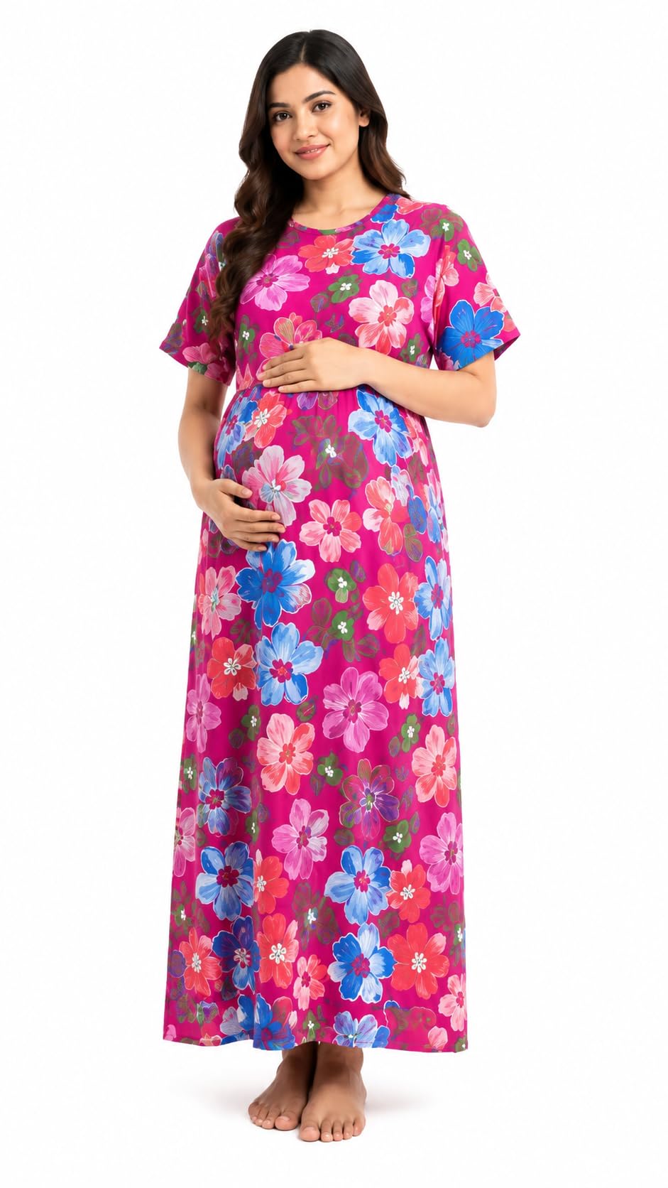 Women’s Floral Printed Maternity Nightgown, Short Sleeve Feeding & Pregnancy Maxi Nightdress – Pink-image-18