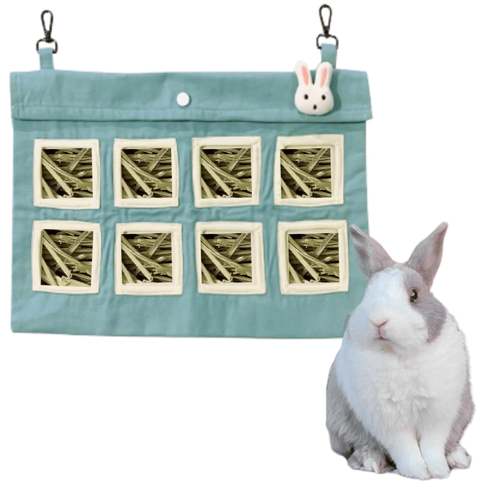 Rabbit Hay Feeder Bag, Guinea Pig, Large Capacity Cotton Canvas Hanging Bag for Bunnies Chinchillas (Green,XL)