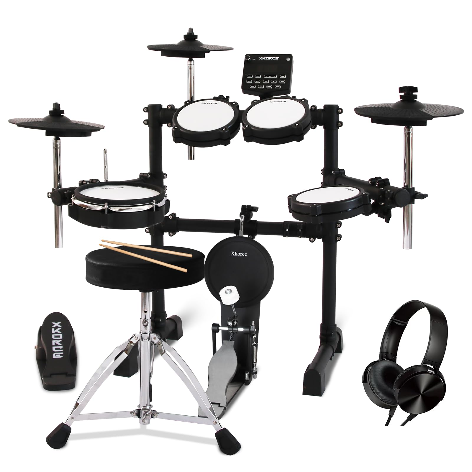 Xkorce Electronic Drum Set Electric Drum Kit with 4 Quiet Mesh Pads and 6