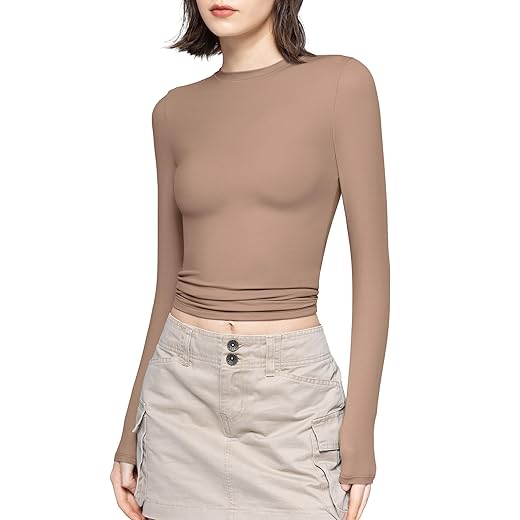PUMIEY Women's Long Sleeve T Shirts Crew Neck Slim Fit Going Out Tops for Women Sexy Basic Tee, Taffy Medium