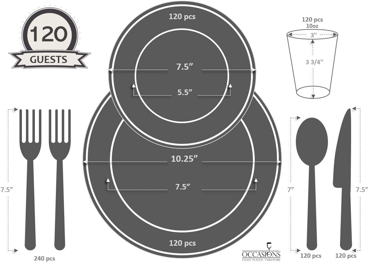 " OCCASIONS " 960pcs set (120 Guests)-Wedding Party Disposable Plastic Plate Set -120 x 10.25'' + 120 x 7.5'' + Silverware + Cups + Napkins (Princess White & Silver)