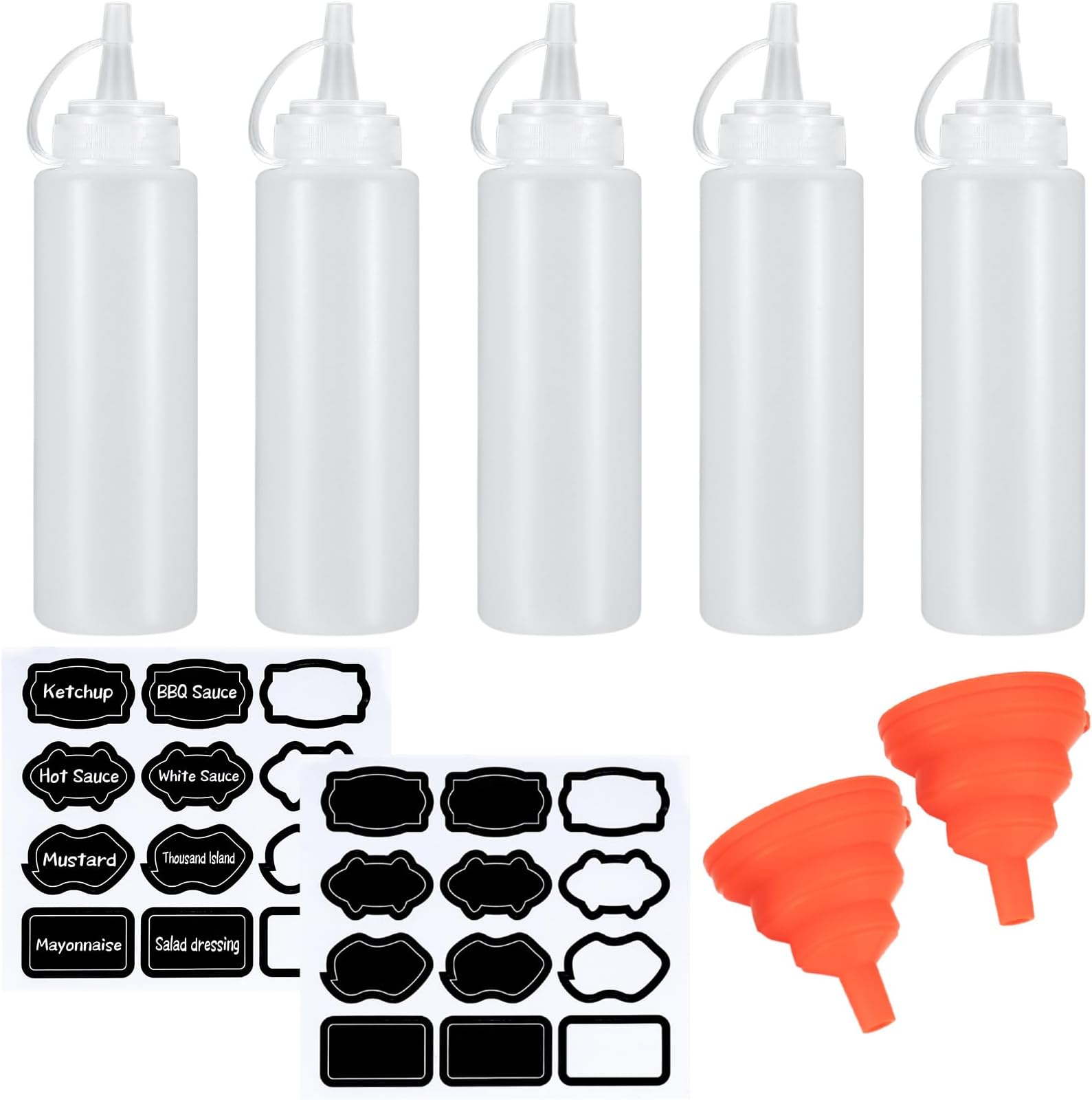 Squeeze Bottles 5 Pack, 250ml Sauce Bottles with 2 Labels & 2 Funnels, Clear White Condiment Dispenser for Kitchen, Dressing, Oil, Liquid