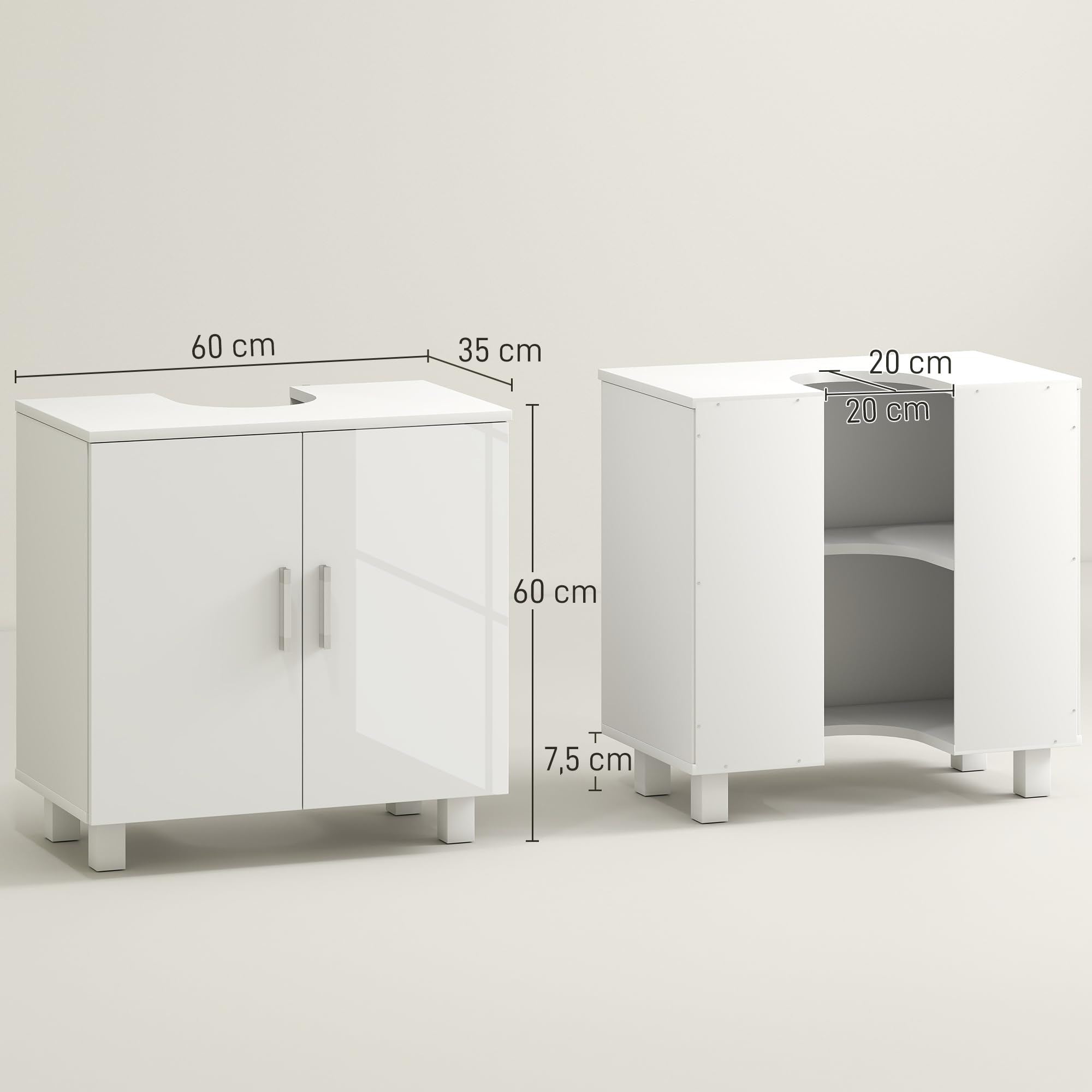 HOMCOM Mueble para Debajo del Lavabo Mueble bajo Lavabo Mueble de Lavabo con Pie con 2 Puertas 2 Estantes y Sistema Antivuelco para Cuarto Baño 60x35x60 cm Blanco