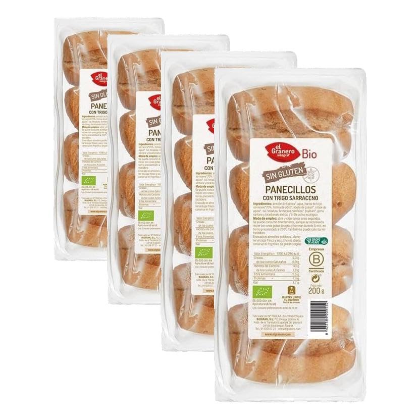 El Granero Integral - Panecillos con Trigo Sarraceno Sin Gluten BIO - 4 Und. 200 g - Alto Contenido en Fibra y Minerales - Aptas para Veganos y Celíacos (Paquete de 4)