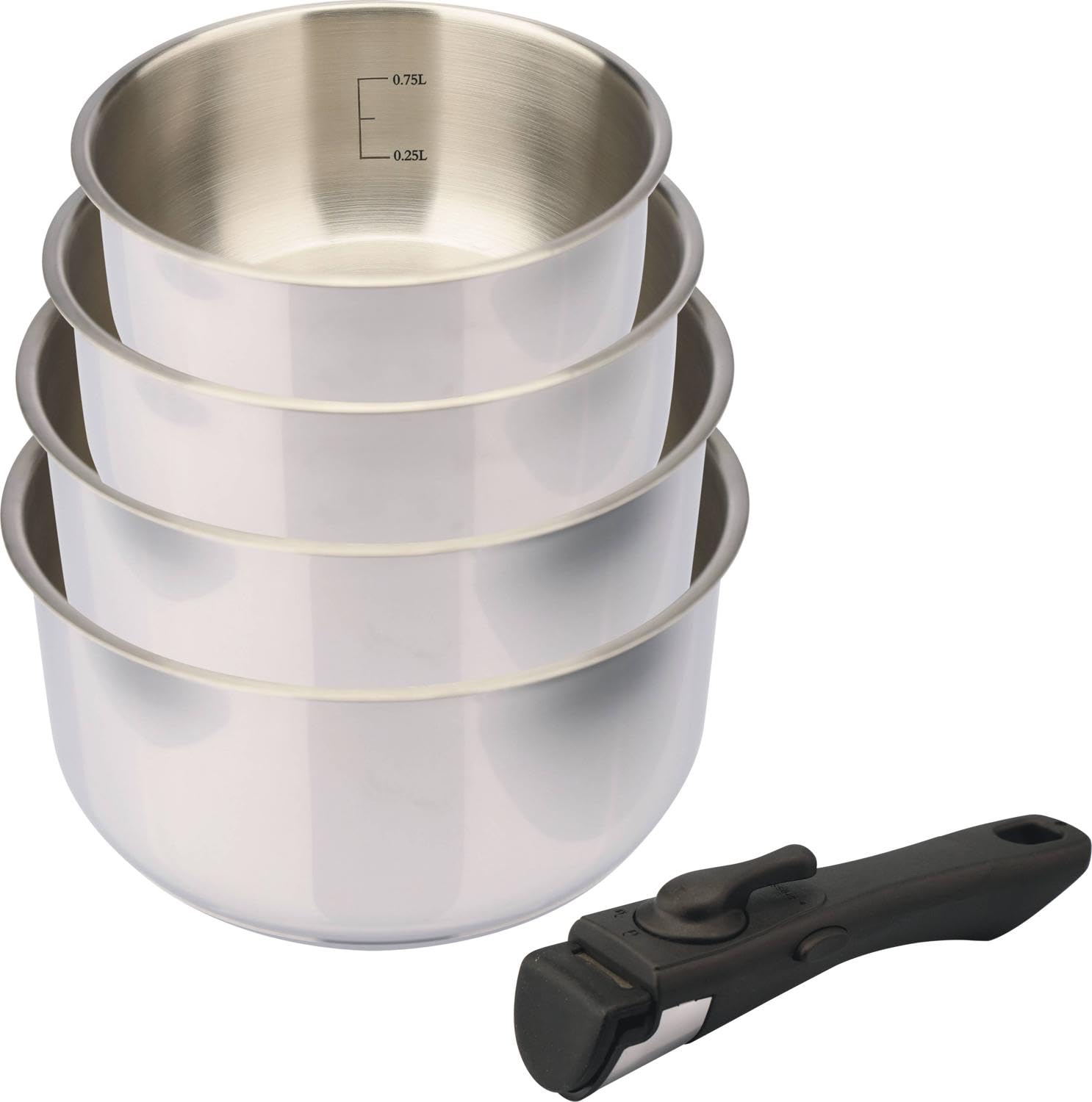 BAUMALU - Lot de 4 Casseroles Comète - Acier Inoxydable - Tous Feux dont Induction - Triple Fond Thermo Diffuseur - Manche Amovible - Intérieur Gradué - Ø14, 16, 18 et 20cm