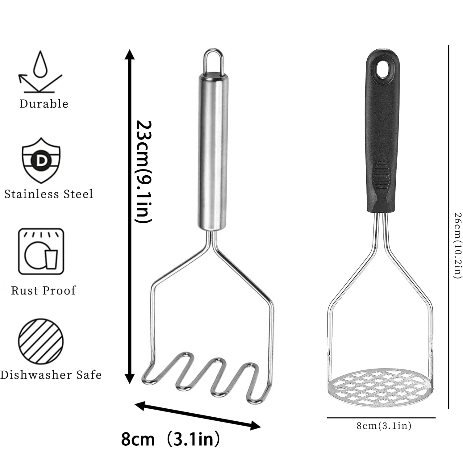 YUNYU 2 machacadores de patatas de acero inoxidable, herramienta de cocina multiusos para verduras, frutas y alimentos para bebés, diseño resistente y agarre ergonómico