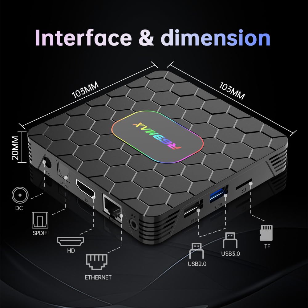 Android TV Box,R69MAX Android 14.0 TV Box with 4Go RAM 64Go ROM RK3528 Quad Core Arm Cortex A53 Mali-450 GPU Support 8K 3D 1080P 2.4/5.0GHz WiFi BT5.0 10/100M Ethernet DLNA HDMI2.0 USB3.0 H.265