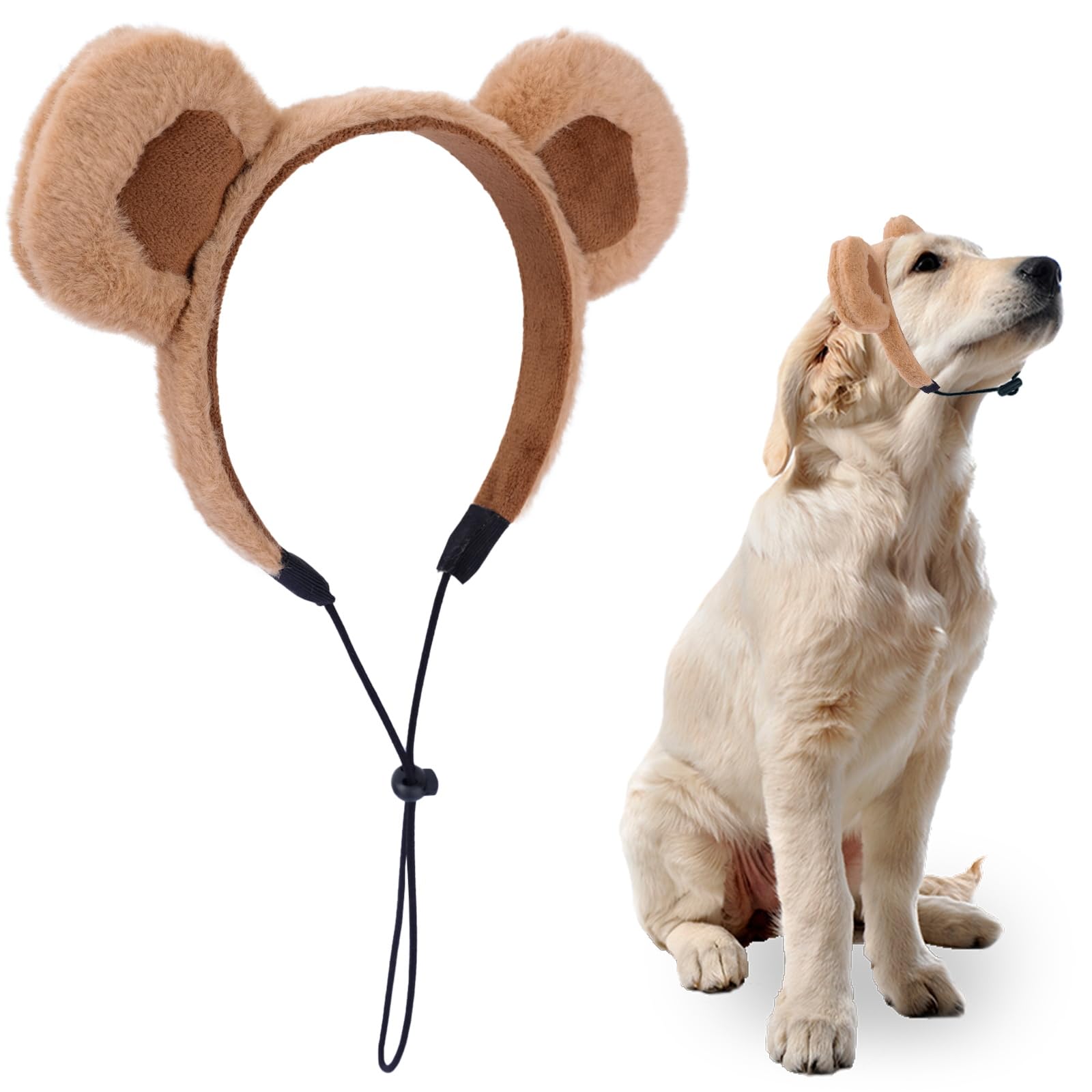 Beviliu Dog Bear Headband Brown Pet Costume for Medium Large Dogs, Fluffy Elastic Dog Costume Headwear, Adjustable Size Bear Ears for Dogs & Cats