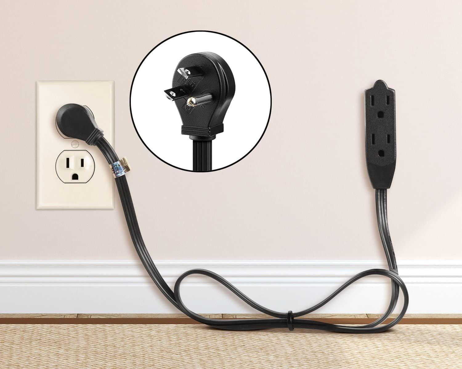 Maximm Extension Cord 6 Feet Flat Plug/Wire, Multi Outlet - 3 Prong Angled Plug Extension Cord - Black UL Certified