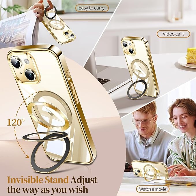Image of ESTPEAK Titanium Gold CD Mag-Stand Case for iPhone 14 Case, iPhone 13 Case with Invisible Magnetic Ring, [Fit for MagSafe] [Never Yellowing] Top Clear Phone Case Cover for iPhone 13 /14 6.1 inch Men Women