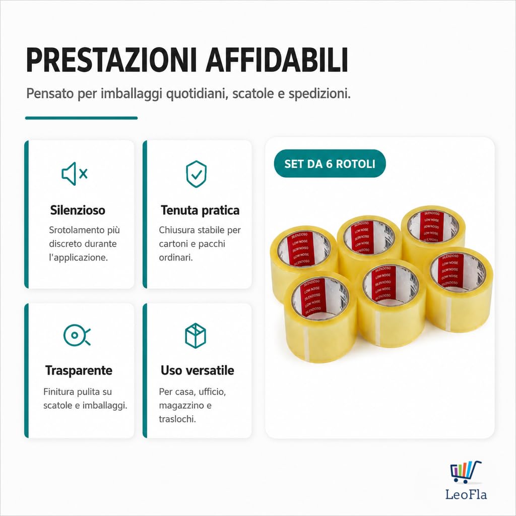 Set 36 Rotoli di Nastro Adesivo Trasparente in PPL, 6 Confezioni da 6 Rotoli, Confezione singola 30 x 20 x 5 cm - Nastro da Imballo Silenzioso per Spedizioni, Scatole, Traslochi e Ufficio
