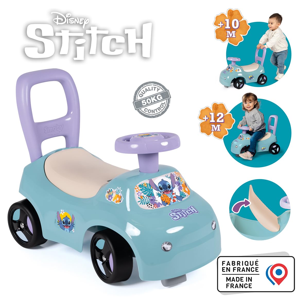 Smoby - Stitch - Auto cavalcabile - Ausilio per camminare - Volante - Vano portaoggetti sottosella - Dai 10 mesi - Prodotto in Francia