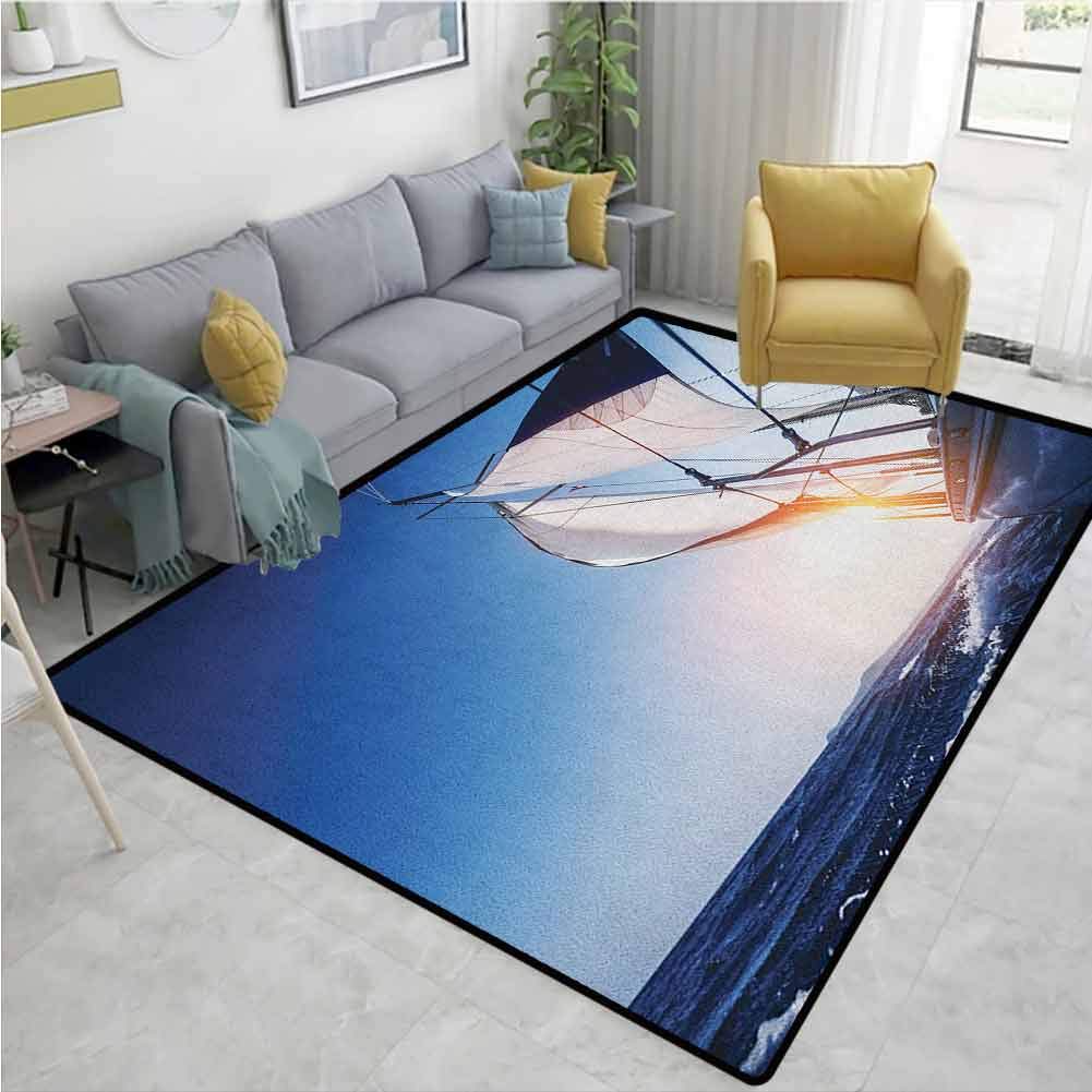 YucouHome Sailboat Patchwork Floor Mat for Kids, Sail Boat in Action Summer Adventure Water Transport Sunset Travel Print, Fashionable High Class Living Bedroom Rugs(2.5'x 7') White Dark Blue