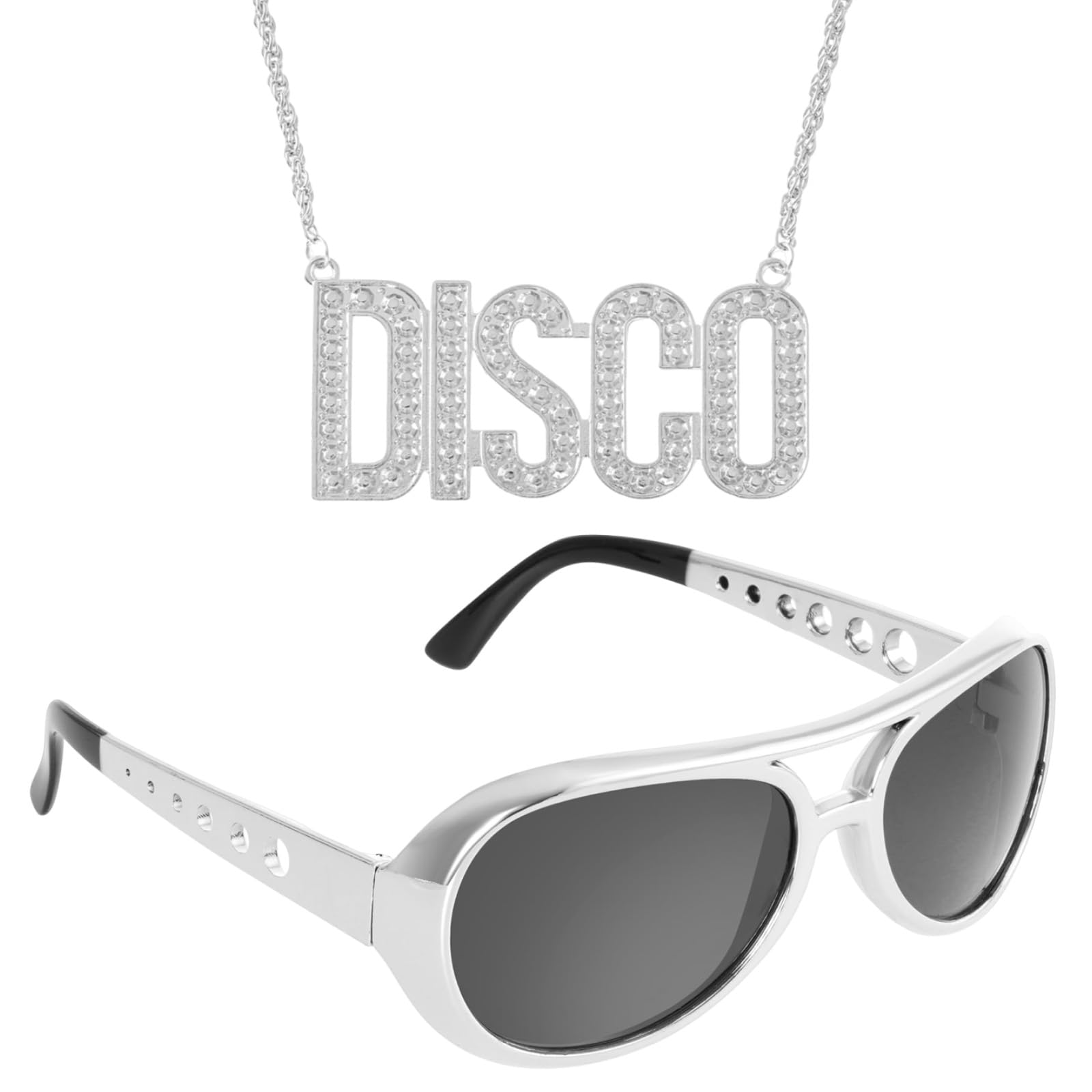 jerbro 2er Fette Gangster Kette & Brille Silber 70er 80er 90er Hustler Rapper Hiphop Kostüm Bad Taste für Cosplay Halloween Fasching Karneval Thema Party (Silber)