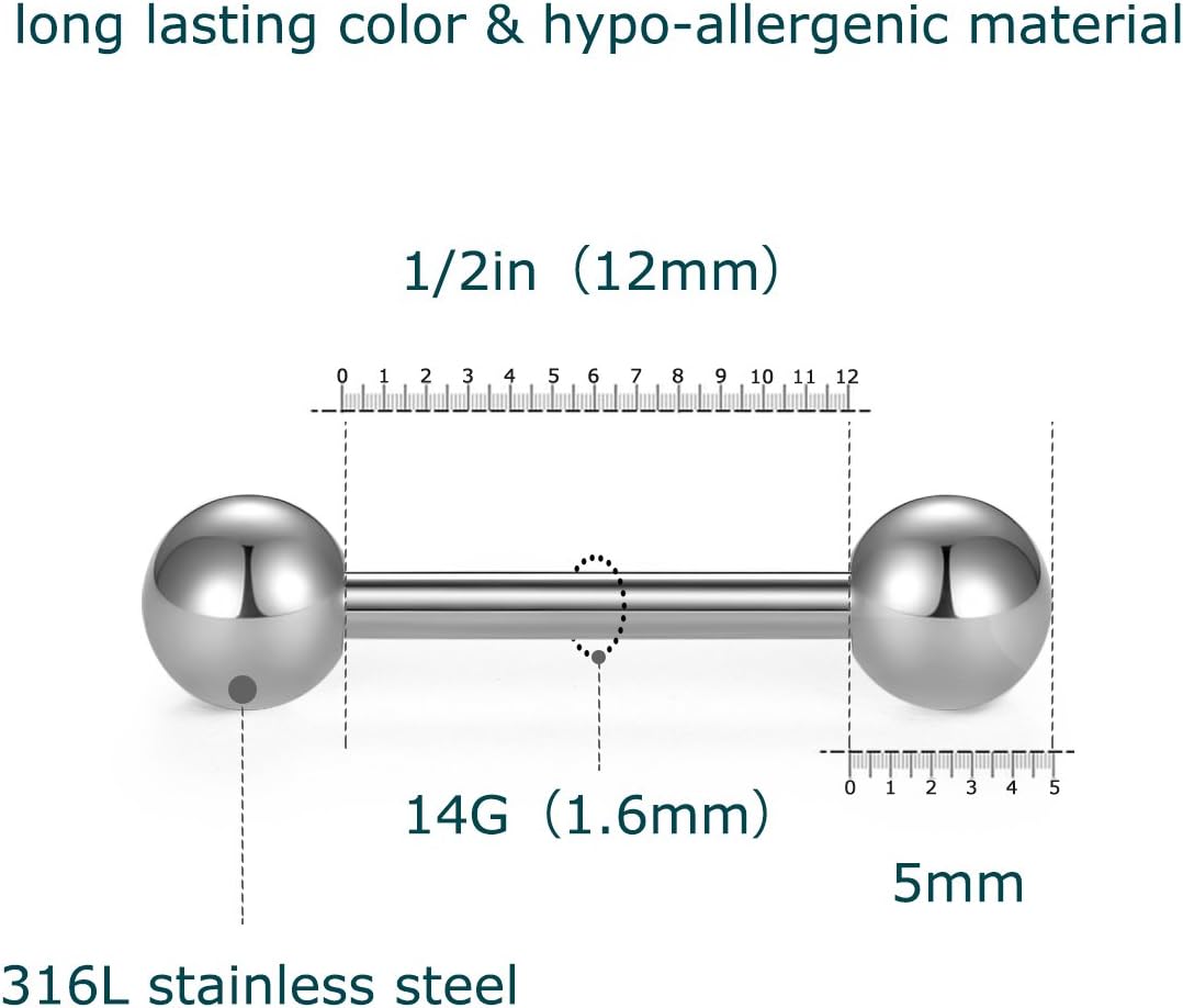 VCMART 14G Tongue Rings Nipple Straight Barbells Surgical Steel Body Piercing Jewelry 12mm - Image 3