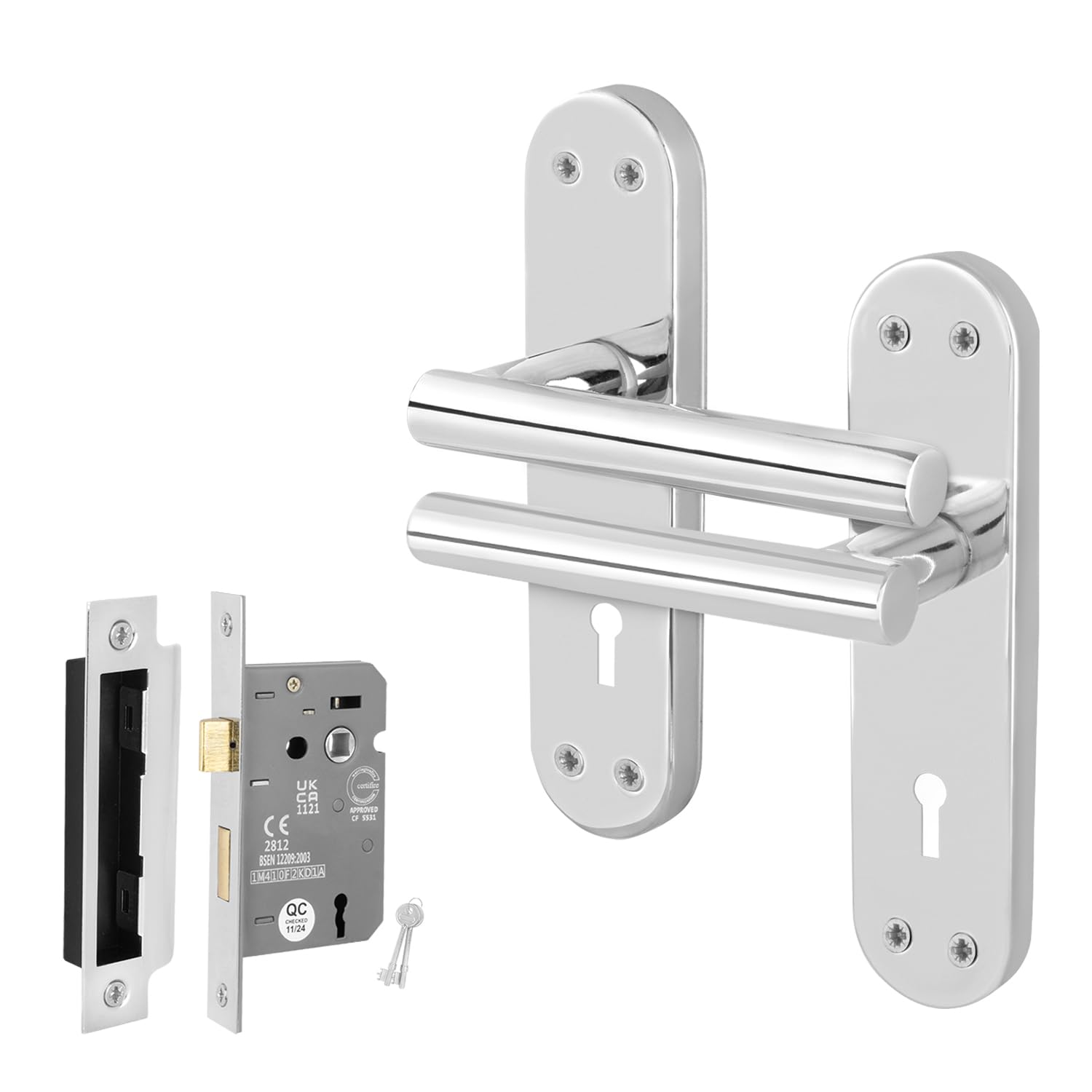 EAI Chrome Door Handle Key Lock Set | 1 Pair of Polished Chrome Internal T-Bar Handles on Backplate with Sash Lock (64mm) & Keys | Oliena Range
