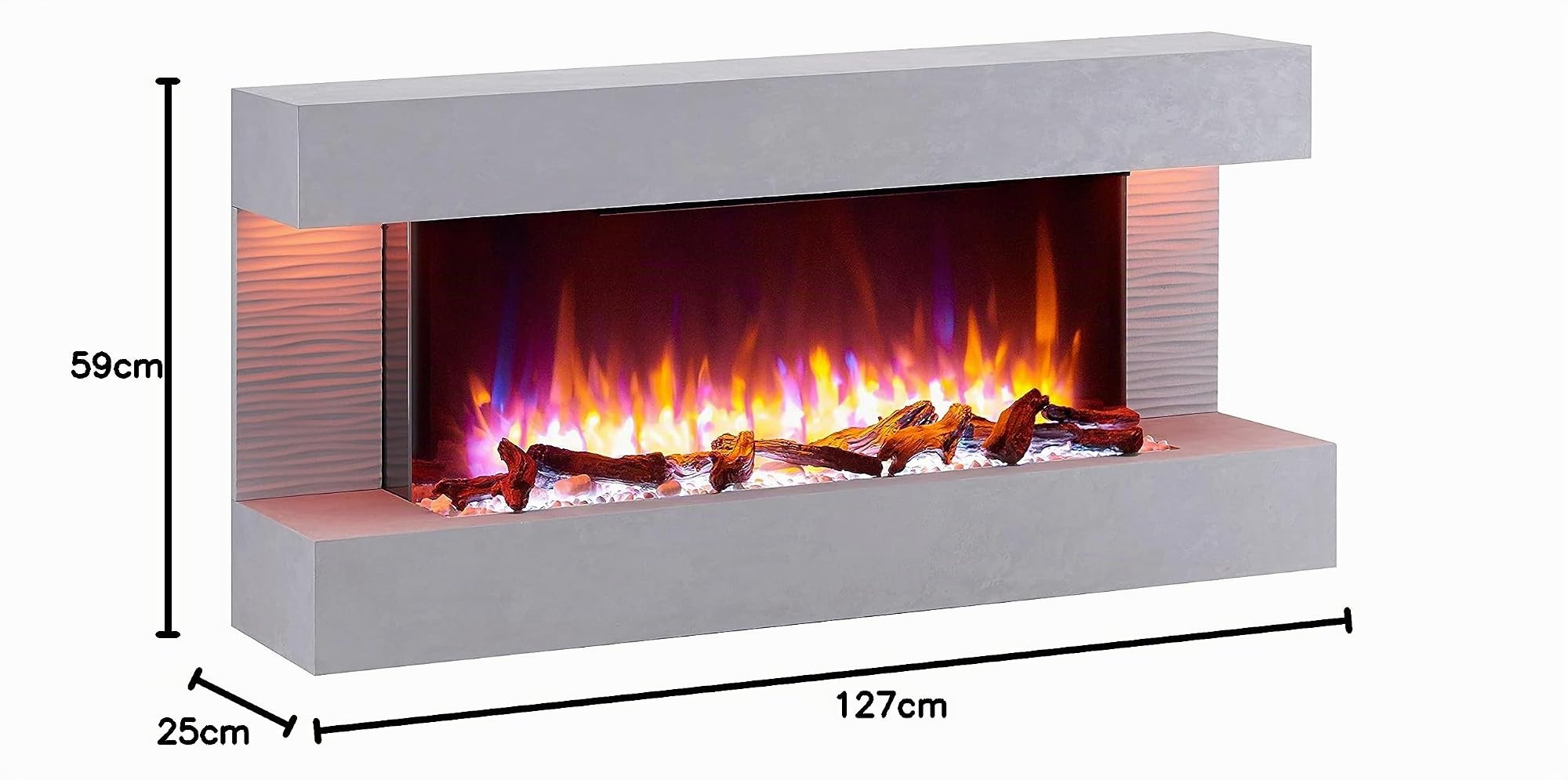 BALDERIA camino elettrico Helia | Caminetto elettrico da parete con effetto fiamma 3D | Riscaldamento elettrico 2000 W | Focolare sospeso a parete con telecomando, timer, termostato | Grigio