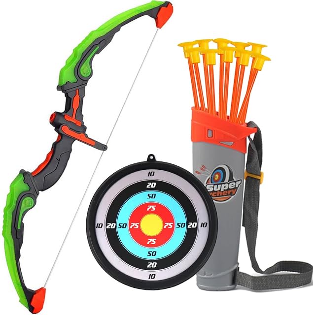 AUVIM Archery Set Bow and Arrow Set for Kids with LED Flash Lights 1x Target 10x Suction Cup Arrows 1x Arrow Holder Toy Bow Set for Boys and Girls from 6 Years Outdoor Indoor Game