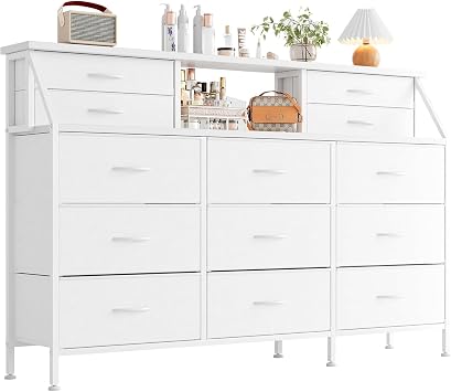 MUTUN Dresser for Bedroom with 13 Drawers, 55  Wide Chest of Drawers, Fabric Dresser with 2 Wooden Shelves, Storage Organizer Unit with Fabric Bins for Bedroom, Living Room, Hallway, White