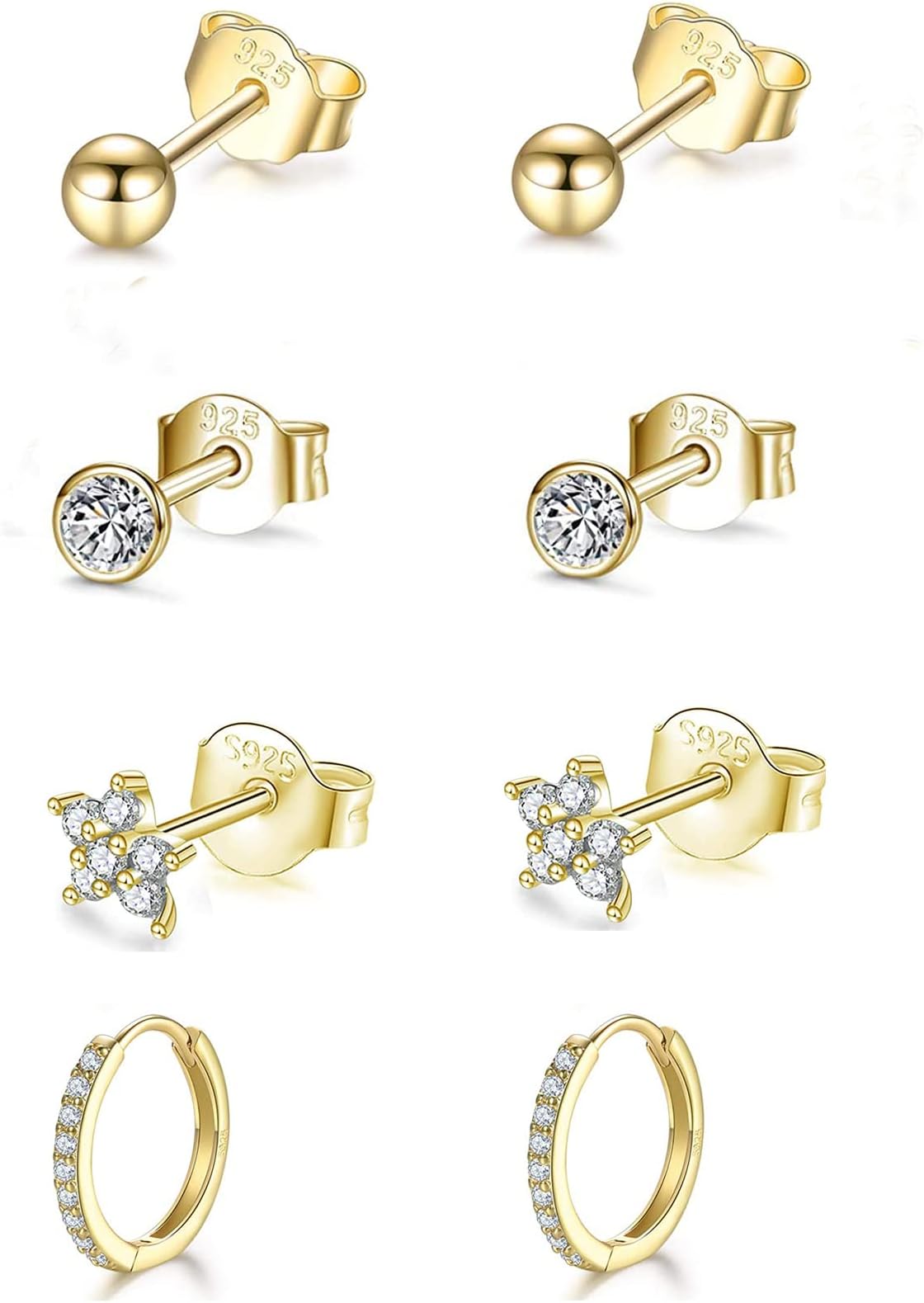 Sterling Silver Stud Earrings for Women Girls, Hypoallergenic Silver Hoop earrings and Stud Earrings set with Cubic Zirconia, Small Helix Cartilage Sleepers Flower Studs Hoops Piercing Earrings