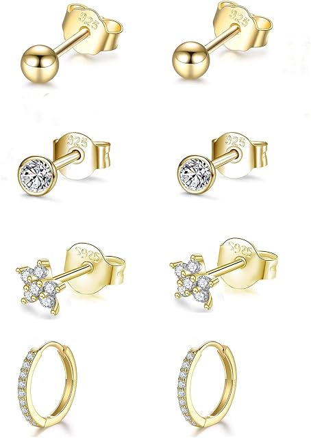 GULICX Sterling Silver Stud Earrings for Women Girls, Hypoallergenic Silver Hoop earrings and Stud Earrings set with Cubic Zirconia, Small Helix Cartilage Sleepers Flower Studs Hoops Piercing Earrings