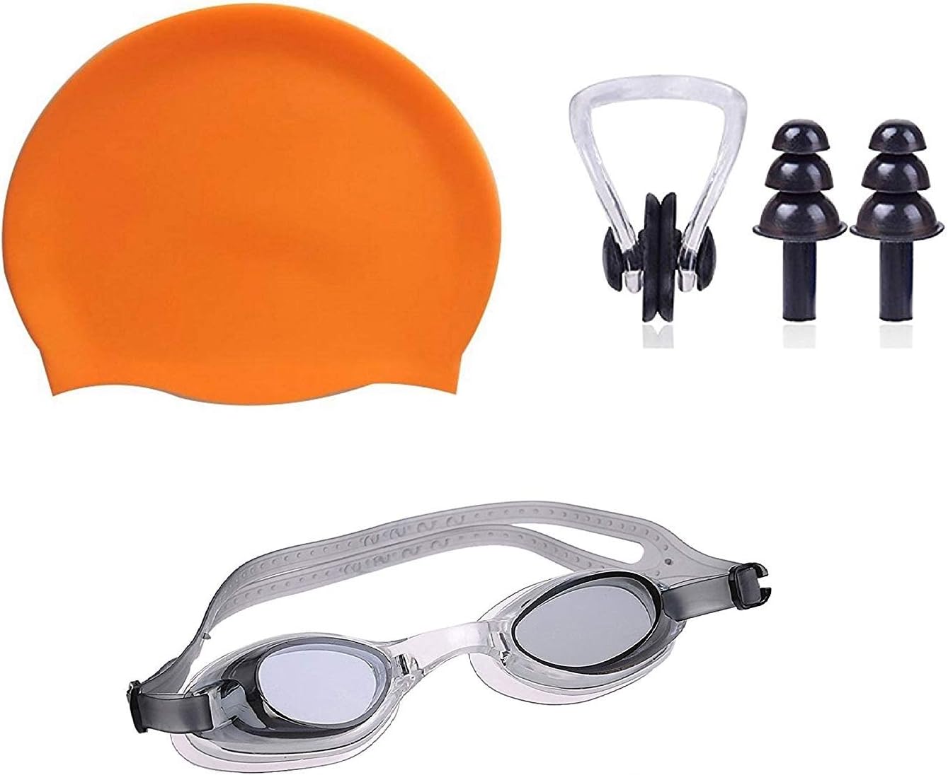 THE MORNING PLAY™ Swimming Kit with Swimming Goggles Silicone Swimming Cap + 1 Nose Clip + 2 Ear Plugs