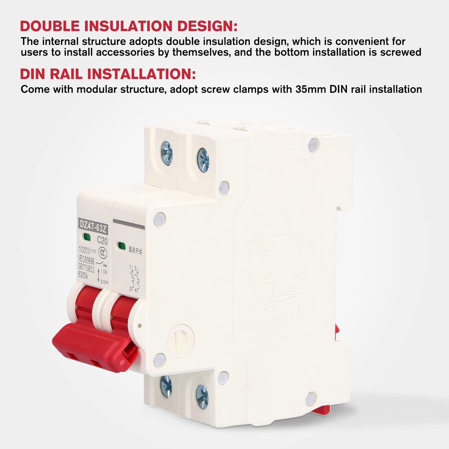 4 Pièces Disjoncteur Miniature 1000V DC 2P 20A Din Rail Mount Protection Contre Les Surcharges à Domicile Interrupteur D'air pour Lignes de Distribution D'éclairage Résidentiel Système PV Solaire