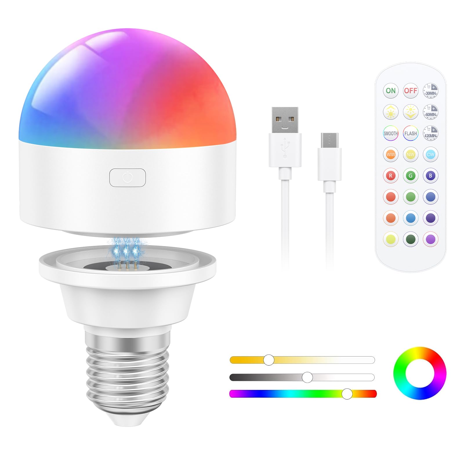 Oumida E27 Rechargeable Light Bulb with Remote Timer and 12 Color,3 Temperatures,6W Dimmable Battery Backup Bulb for Sconces and Lamps,Detachable Charging RGB LED Bulb for Non Hardwired Lamps (1)