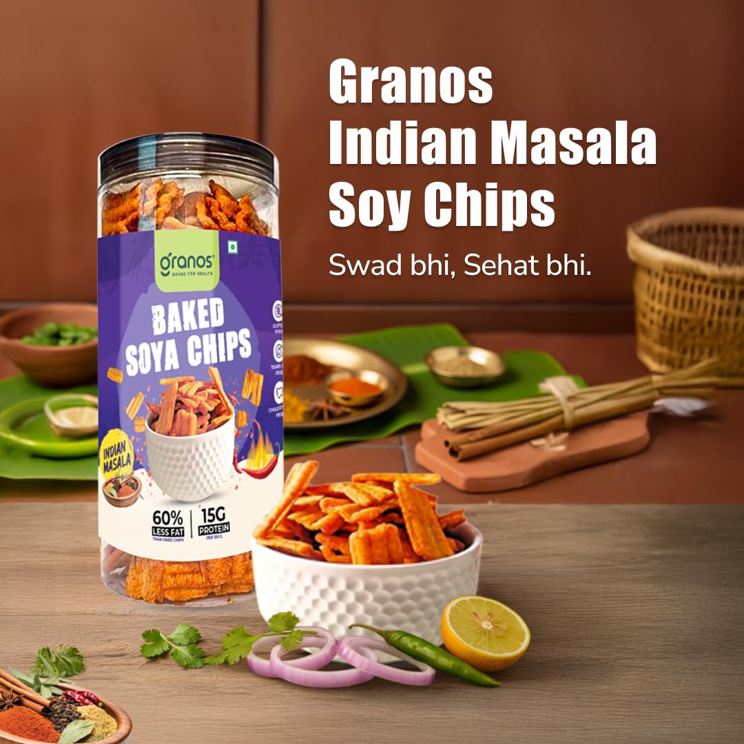 Granos Baked Indian Masala Soya Chips 200gm, Healthy & Crunchy Snack, Indian Masala Flavour, High Protein, Gluten Free Chips, 100% Vegan, No Preservatives, High Dietary Fiber & Nutrient, Pack of 2 - Image 2 thumbnail