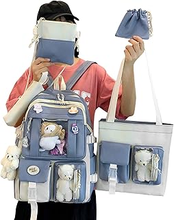 Mochila Estética para Meninas,5 pçs/conjunto mochila lona | Bolsa grancapacidacom broche e acessórios Kawaii, bolsa viagem estudante para meninas crianças Buniq  