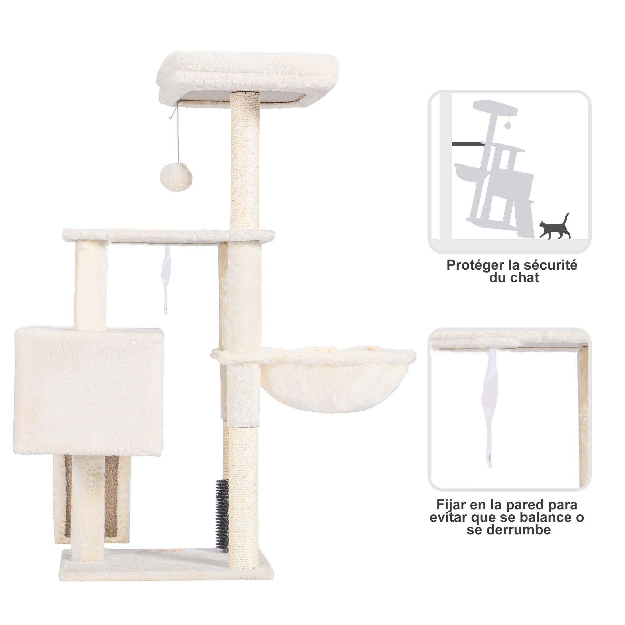 Heybly Arbre à Chat, Brosse de Nettoyage Automatique, Arbre à Chat Domestique Robuste avec Peluche Polie, Chaise Longue, Bac à Litière avec Panneaux et Griffoir, Beige HCT005SM