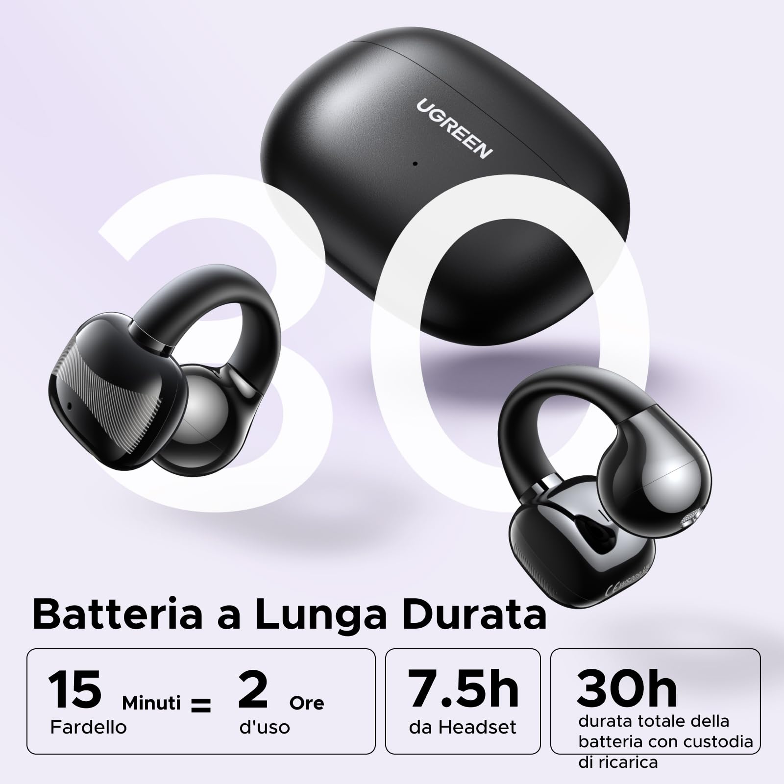 UGREEN HiTune S3 Cuffie Bluetooth 5.4 Sport con Clip Aperta ENC Hi-Fi Stereo 30H Autonomia IPX5 Impermeabile Nero